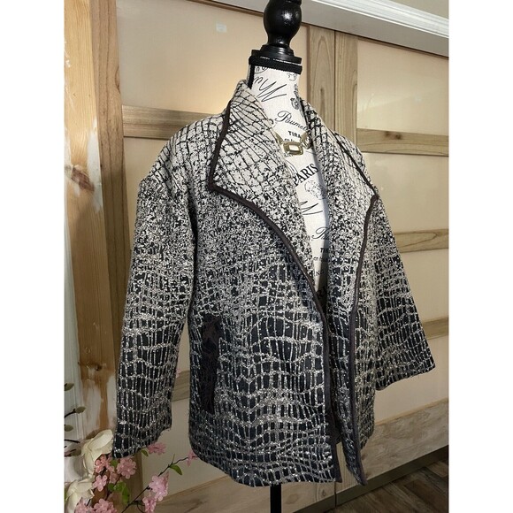 Alberto Makali Cropped Sleeve Open Blazer Leather Detailing Tweed Brown Size S - Picture 11 of 11